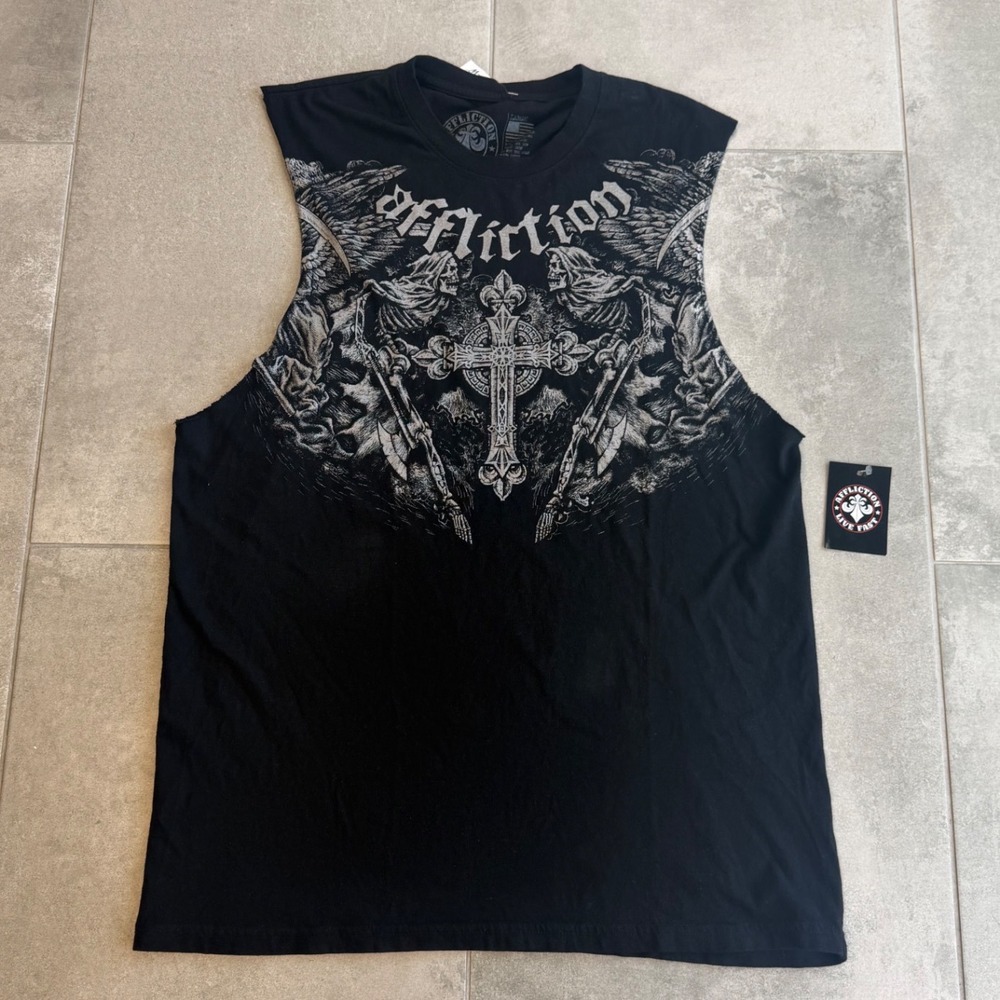 NWT Affliction Mortal Veil Muscle Tank Black Gothic Cross Skeleton Mens L A31633
